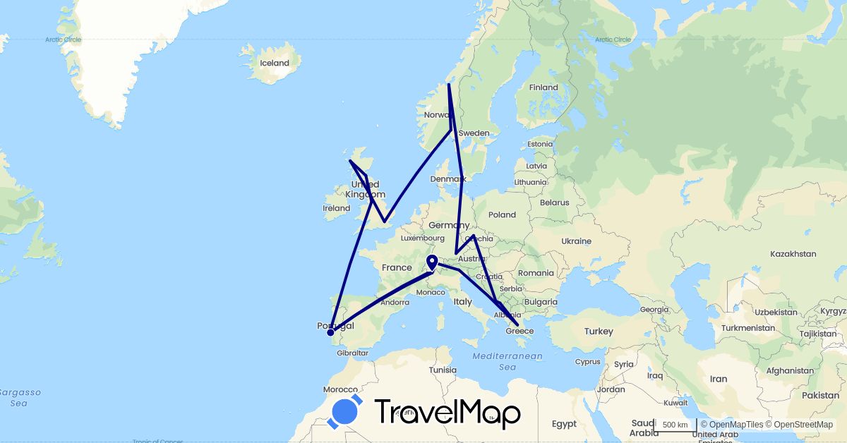 TravelMap itinerary: driving in Switzerland, Czech Republic, Germany, Denmark, France, United Kingdom, Greece, Croatia, Italy, Montenegro, Norway, Portugal (Europe)